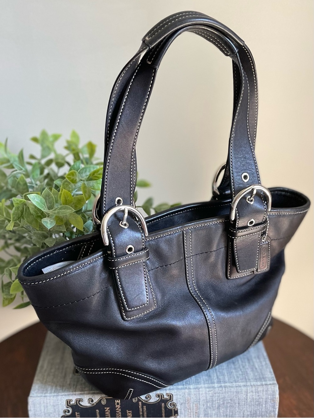 Coach Black Leather Tote Handles silver detail beige lining